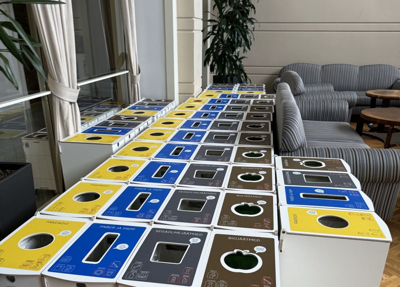 Recycling bins for airports designed for plastic, paper, mixed, and bio waste sorting in passenger areas