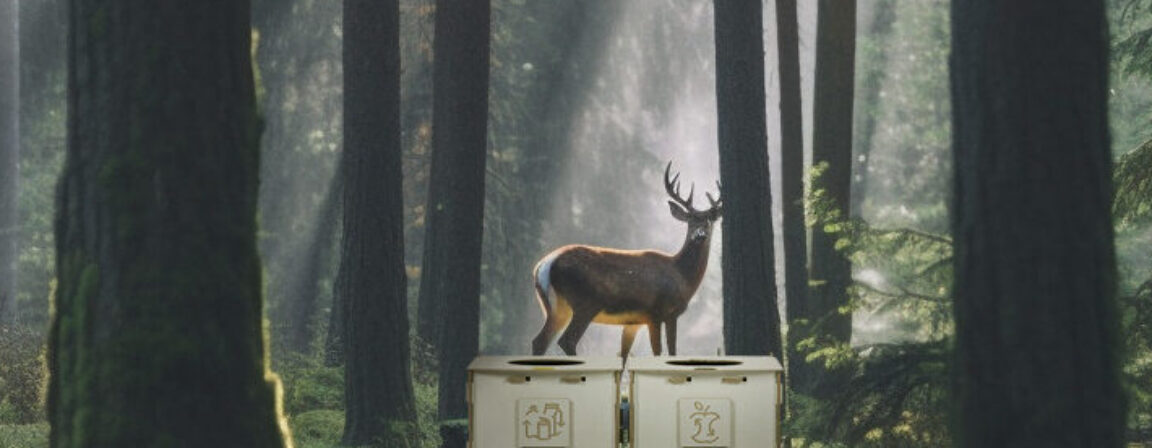 Eco-friendly Sortaider plywood waste sorting bins in a forest, symbolizing sustainable design and nature-friendly materials