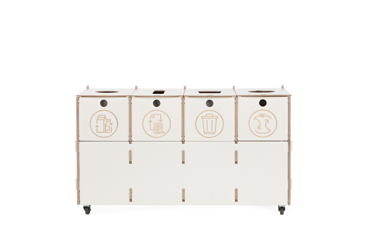 Recycling bin award-winning white plywood waste sorting station with four compartments for paper, plastic, bio, and mixed waste.