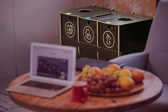 Recycling bin for office or school interior – B3 Brown model with three compartments for paper, packaging, and bio waste, made of durable plywood.