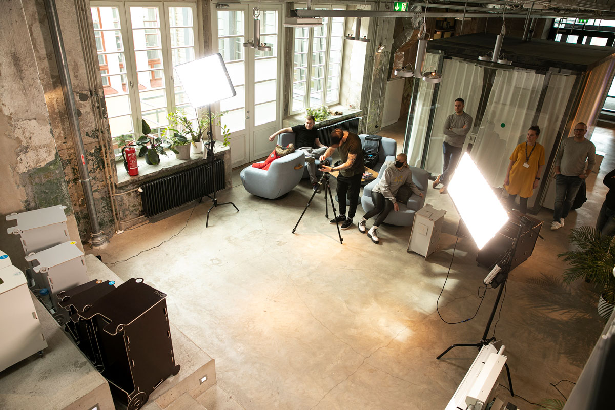 Sortaider team during a behind-the-scenes product shoot in Tallinn office