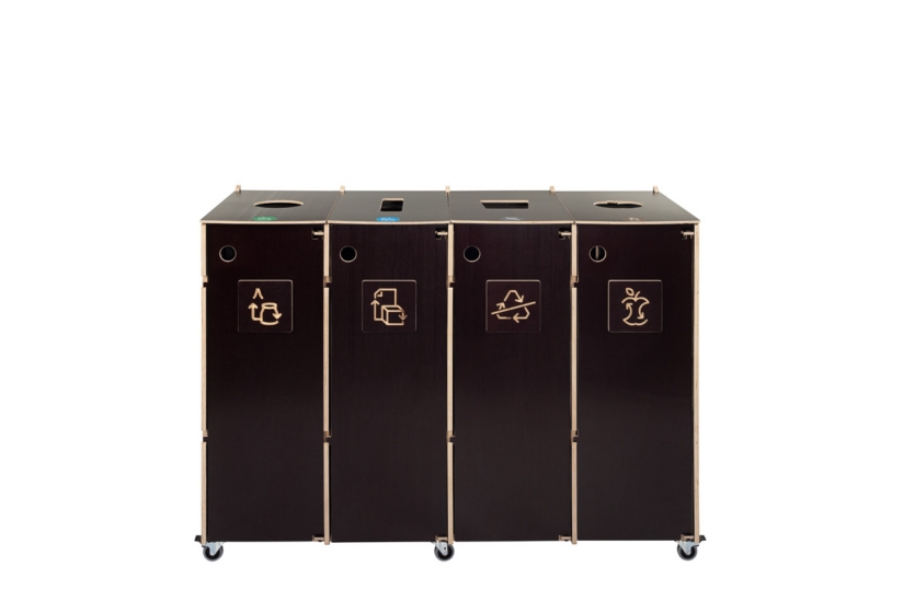 Recycling bin Ecolong 90B3 with open sorting lids for organized indoor recycling of multiple waste types.