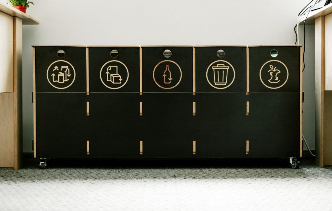 Recycling bins for schools placed in common areas to support daily sorting.