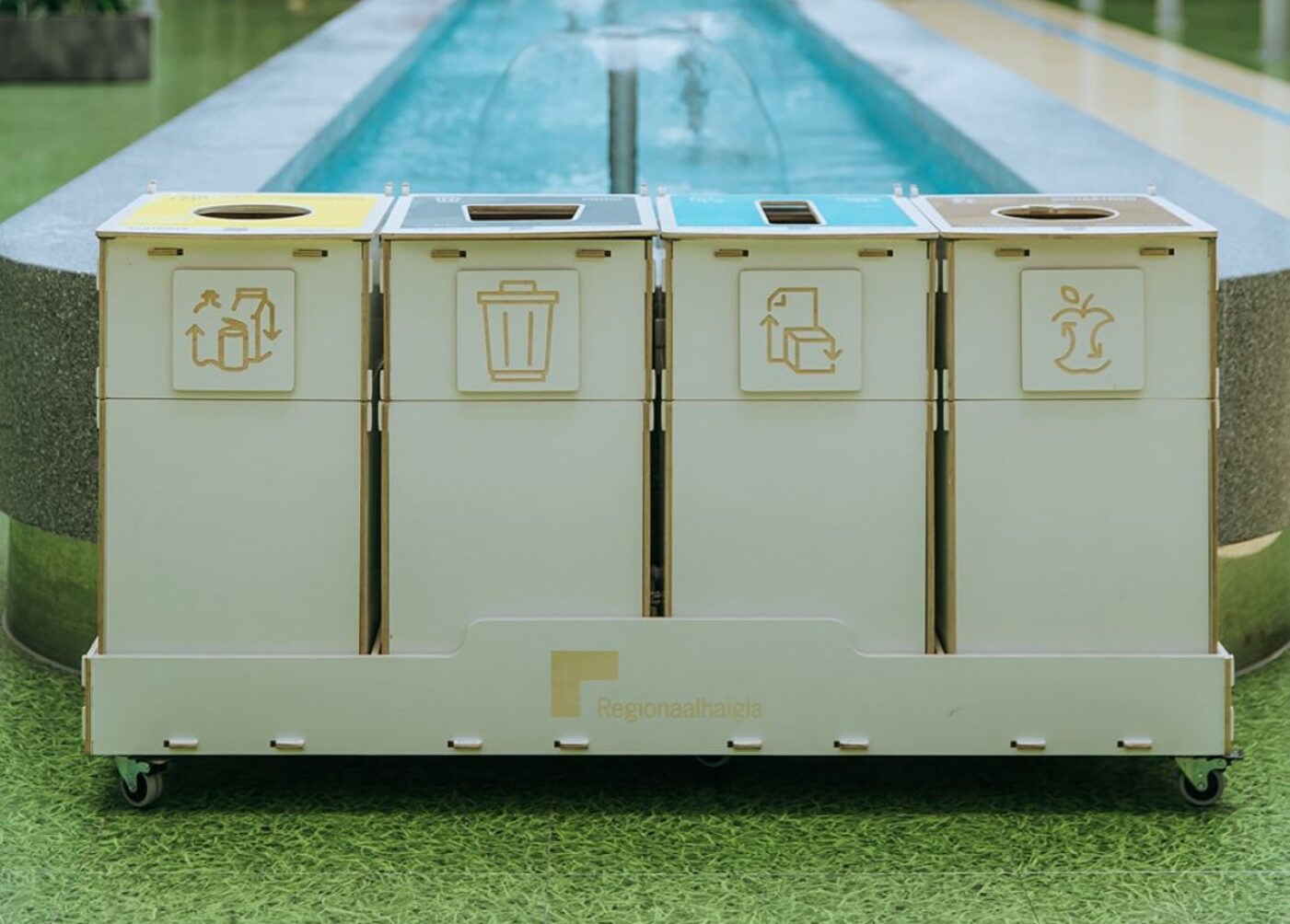 Waste bins for healthcare facilities placed in a formal setting to support discreet waste sorting.