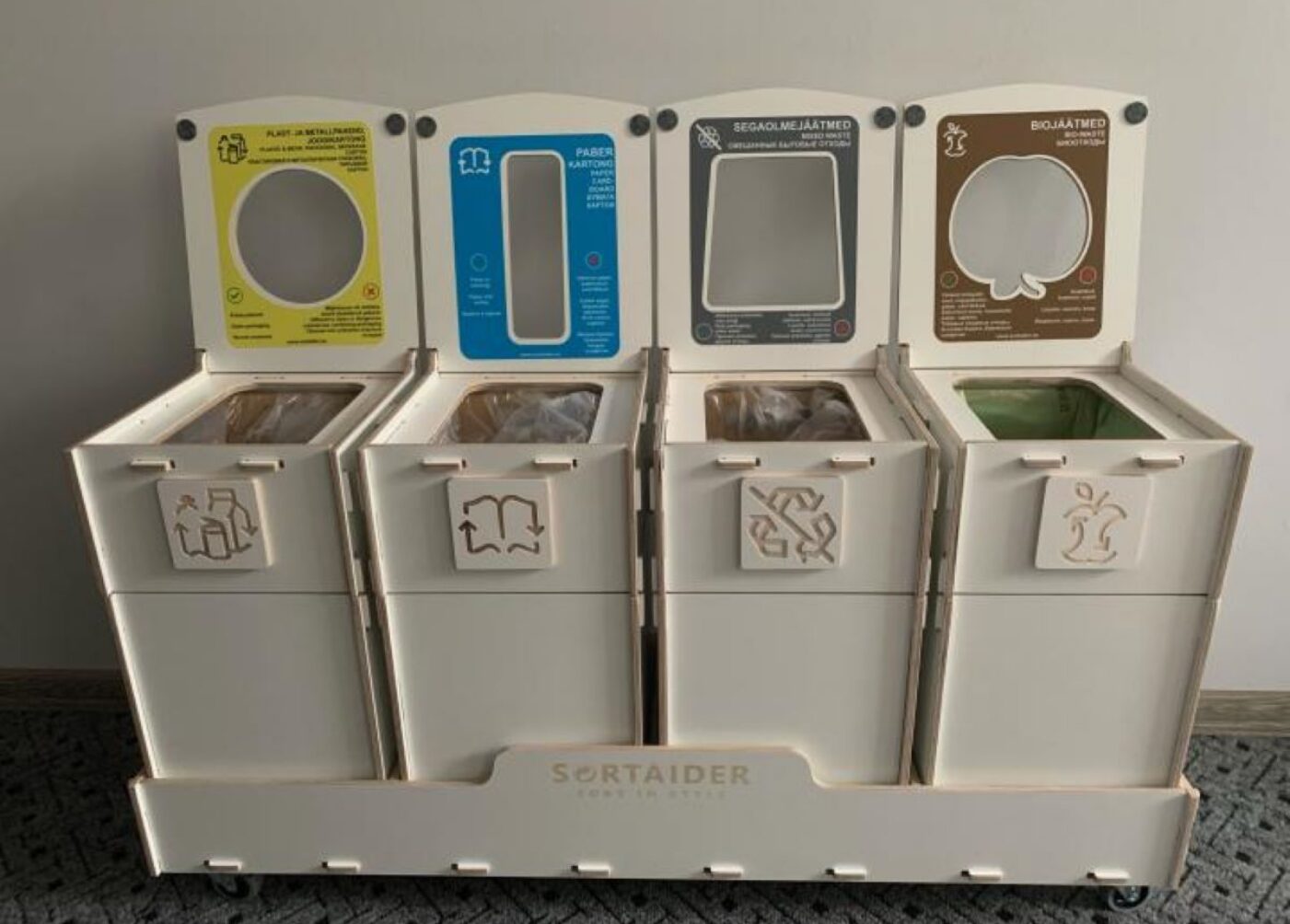 Recycling bins for kindergartens in Tallinn, helping children learn proper waste sorting habits in schools and nurseries.